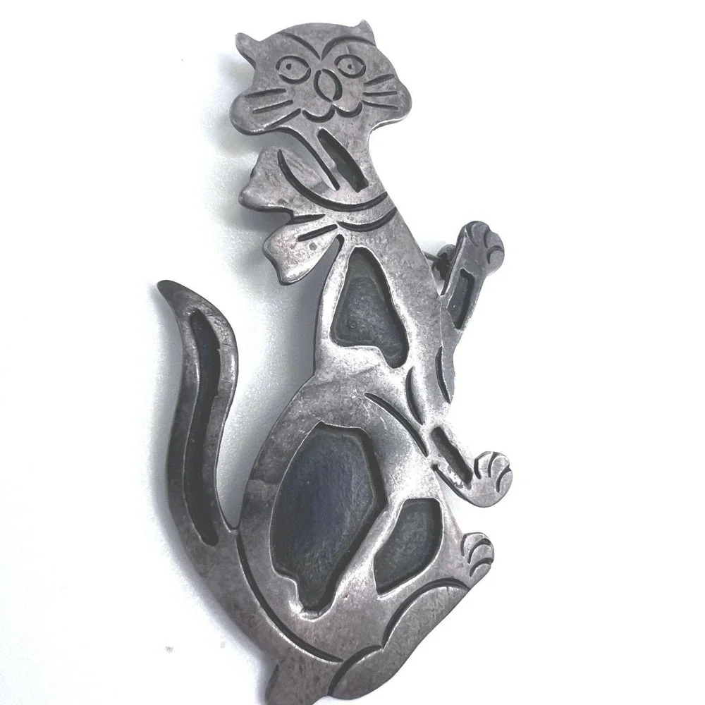 Vtg‎ Taxco Mexico Sterling Silver 925 Brooch Pin Cat Kitten Enamel 2.5